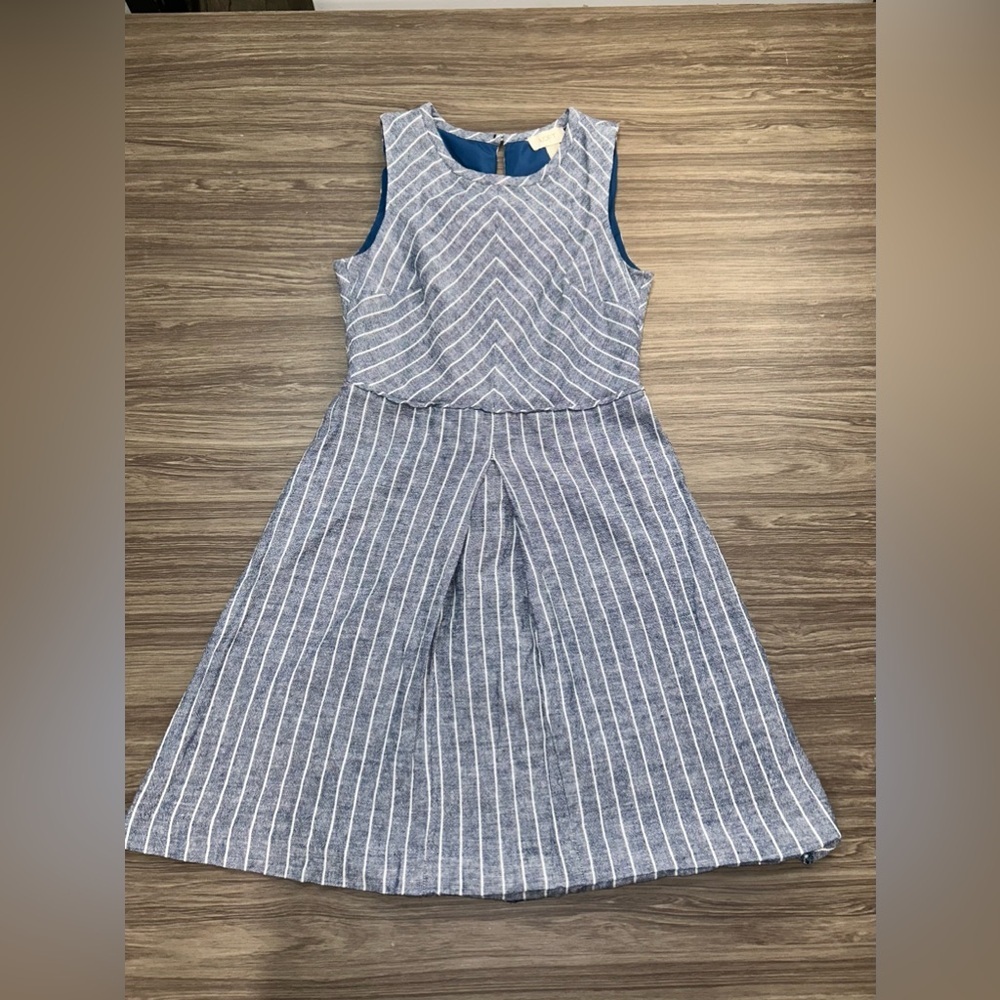 Women's ANN TAYLOR LOFT Linen Blend DRESS Sz 0 Blue White Flare Skirt Open Back